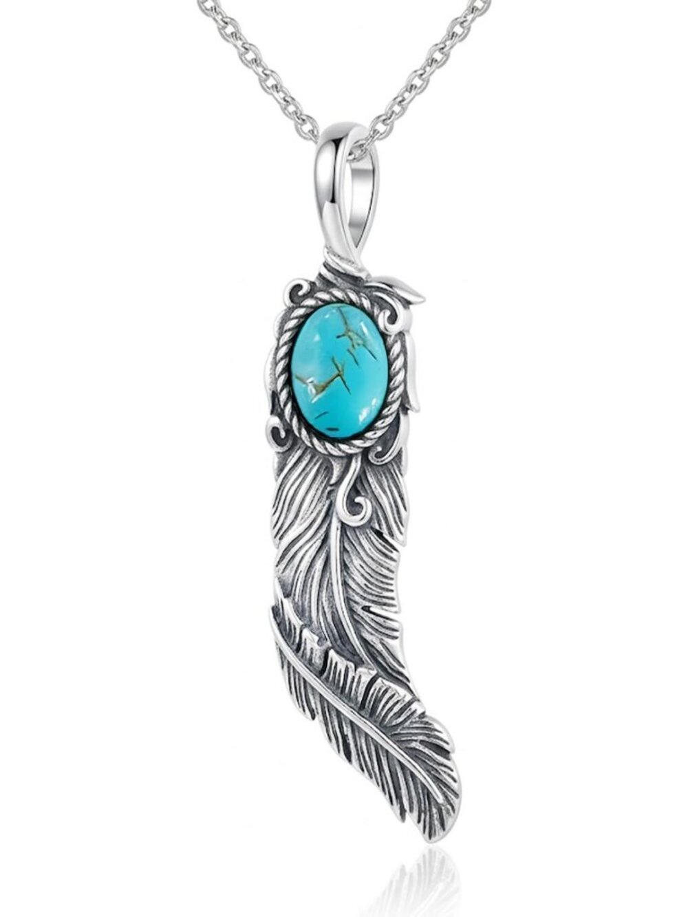 Turquoise Feather Pendant Necklace for Women - 925 Sterling Silver Boho Jewelry